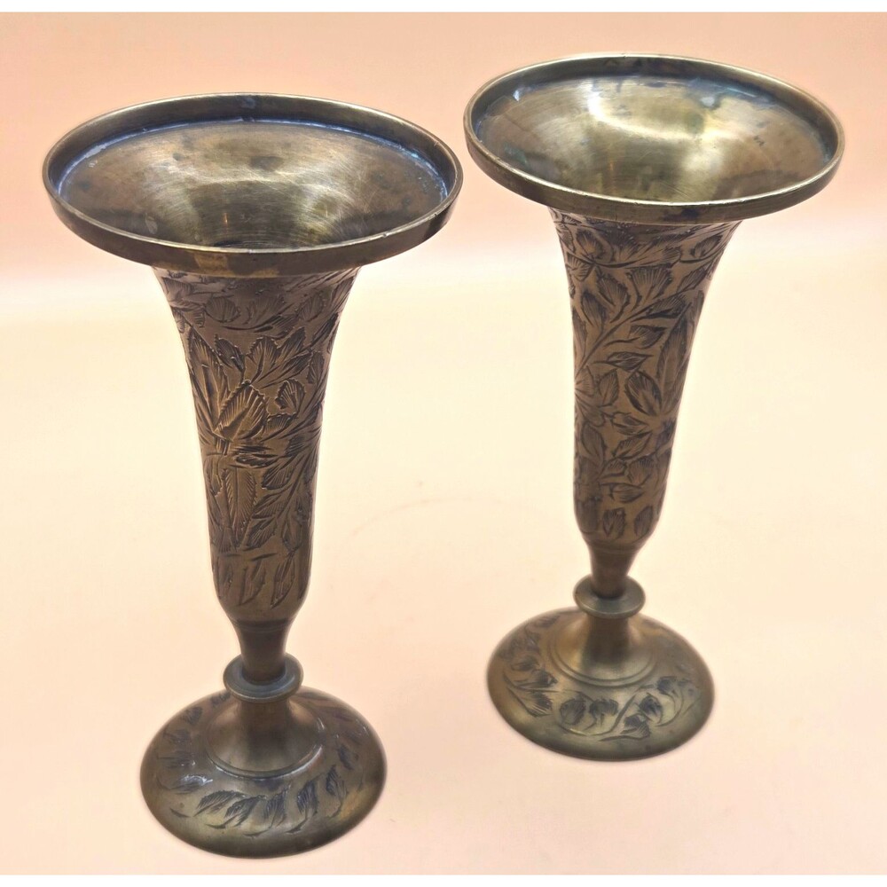 VTG Brass Etched Floral Trumpet Vases Pair PJ469 India Flare Rim 6 Inch